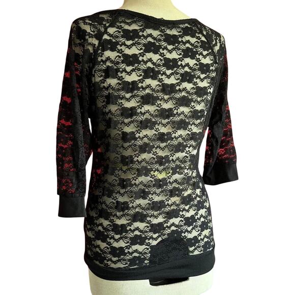 Womens Top Size Medium Black Lace Sheer Biker Layering Soft Goth Office Party - Picture 4 of 8